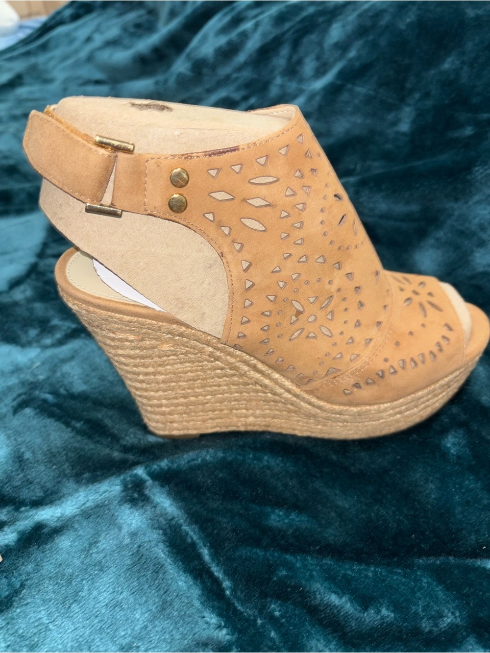Marc Fisher Tan Laser-Cut Espadrille Wedge Sandal with Stud Detail